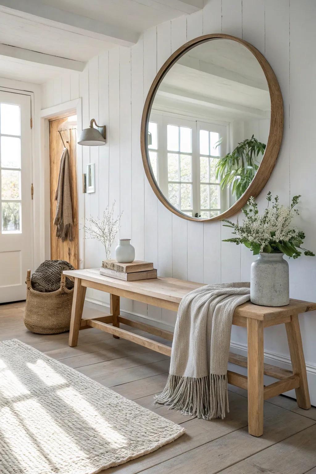 A light oak bench under a big mirror instantly makes a small living room feel taller and brighter.