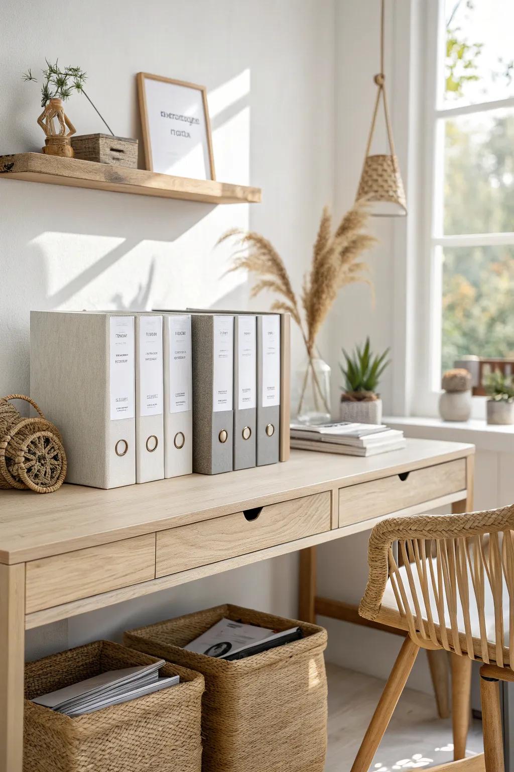 A slim under-desk binder tower keeps spines visible and saves precious floor space.