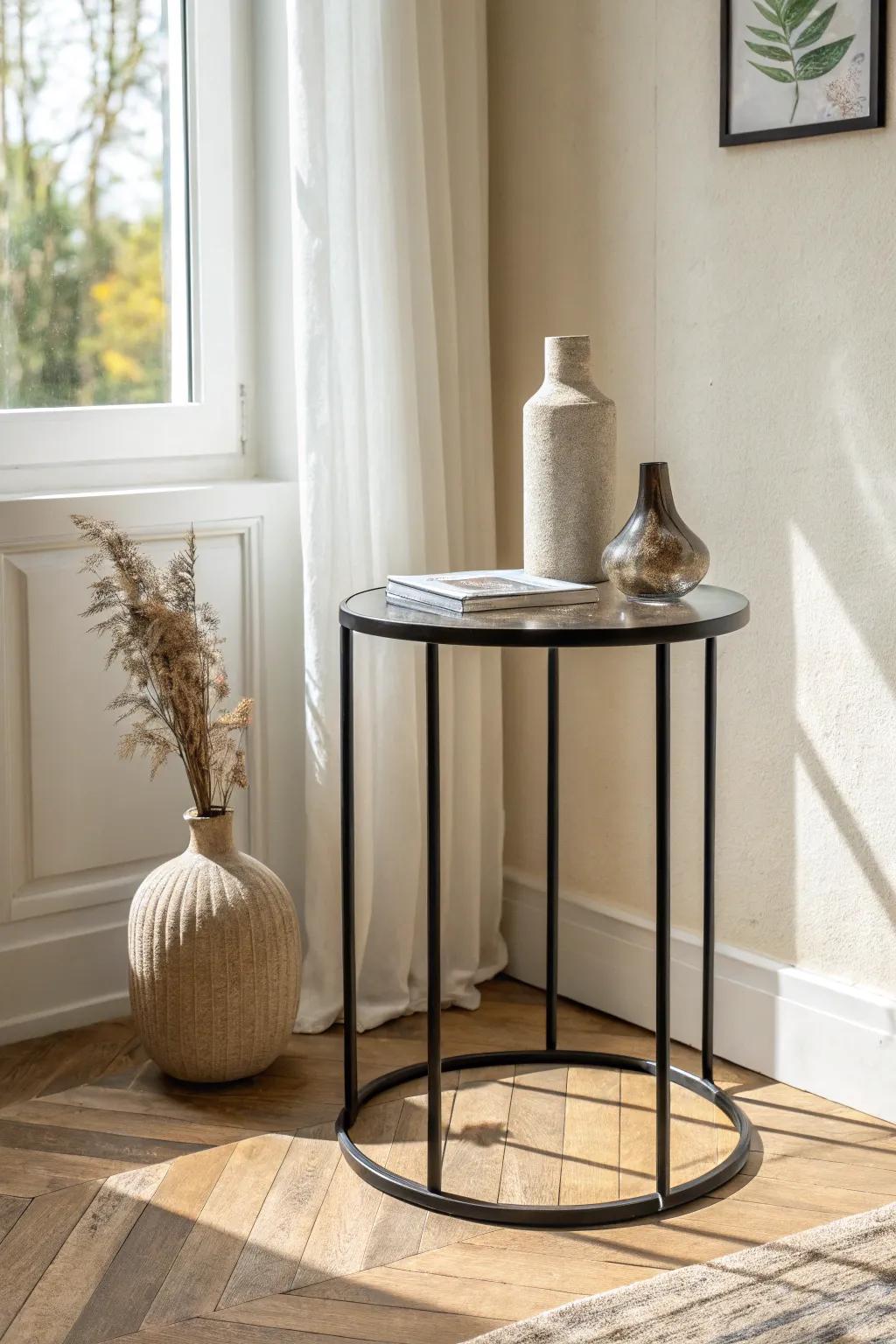 Sleek black metal + glass table: airy contrast that keeps small spaces feeling open.
