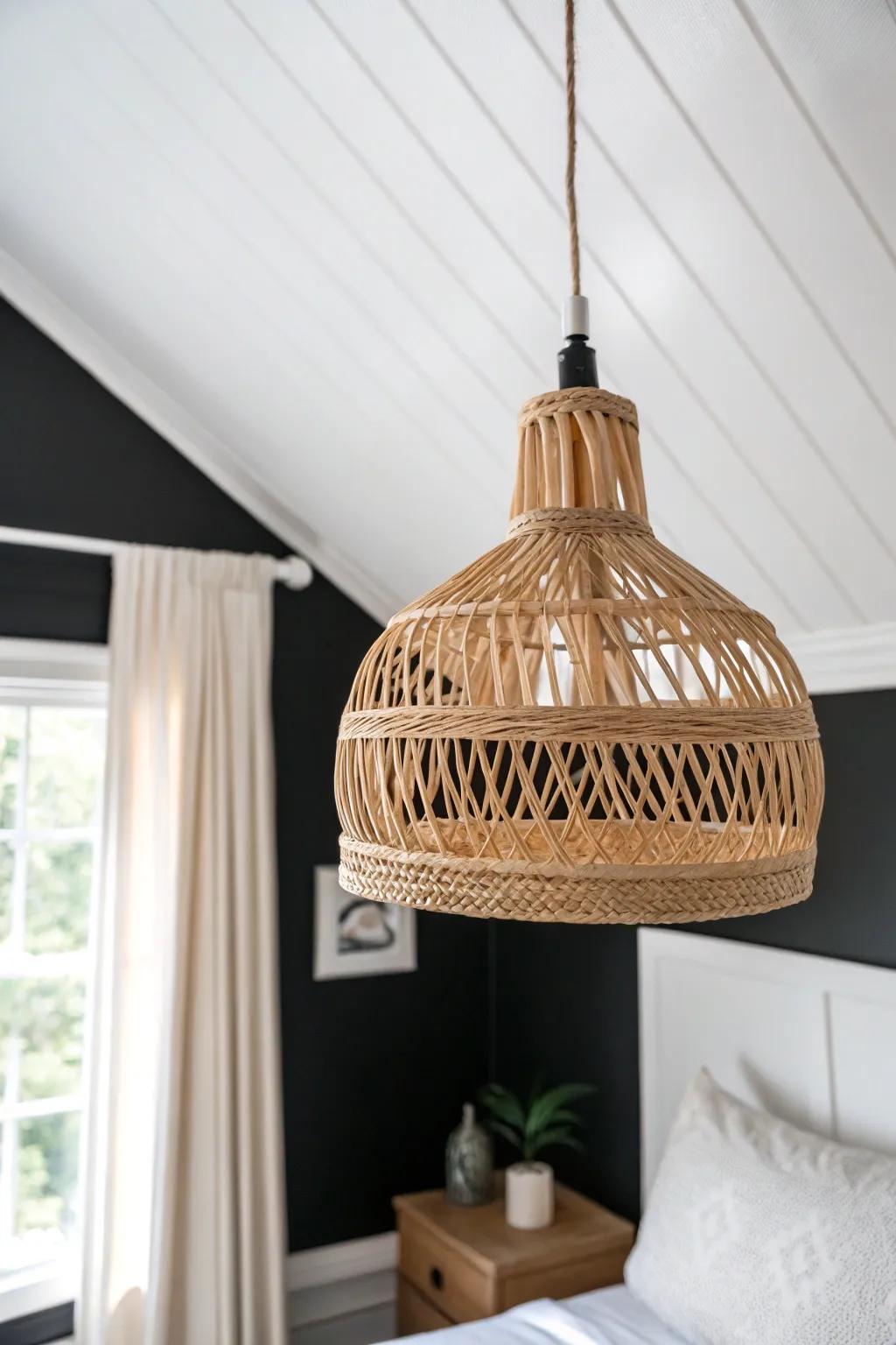 Black walls, white trim, and a woven pendant keep a tiny bedroom moody yet airy up top.