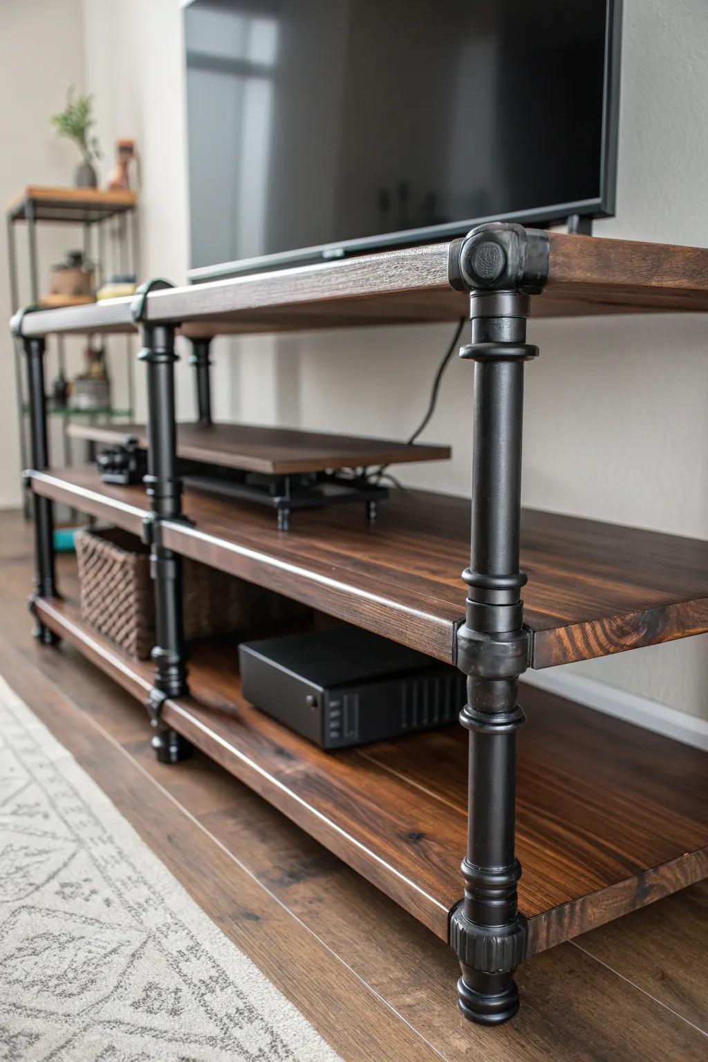 Elevate your space with industrial elegance: A handcrafted black pipe TV stand for the modern minimalist.