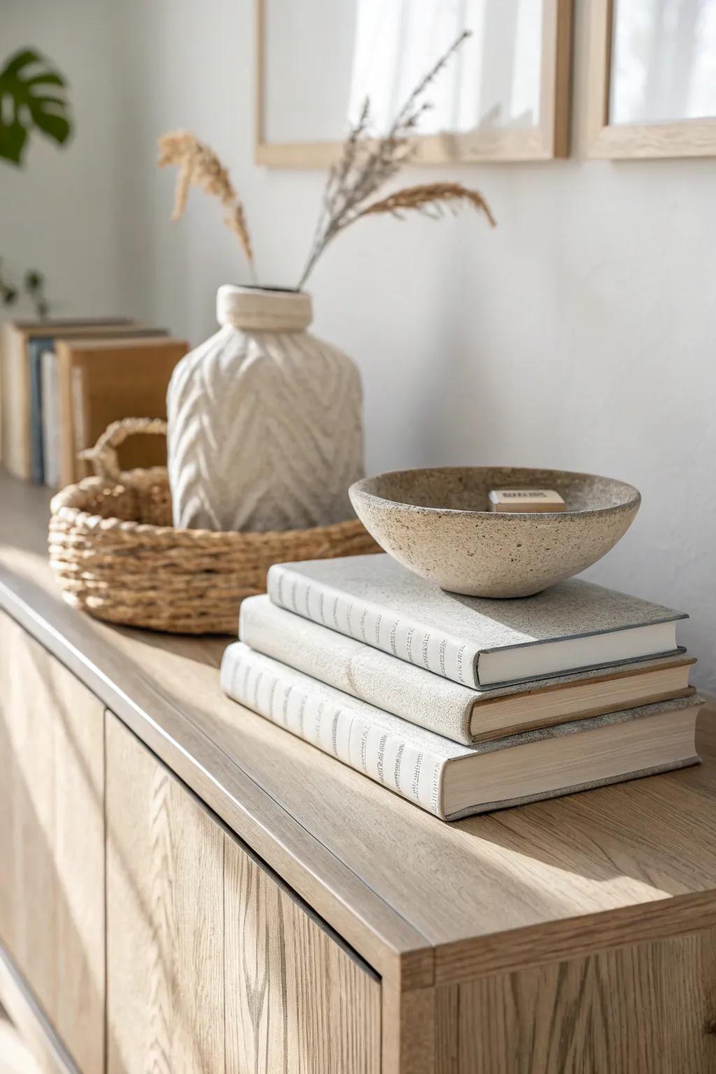 Short book stacks on a slim console make even the tiniest entryway feel intentional.
