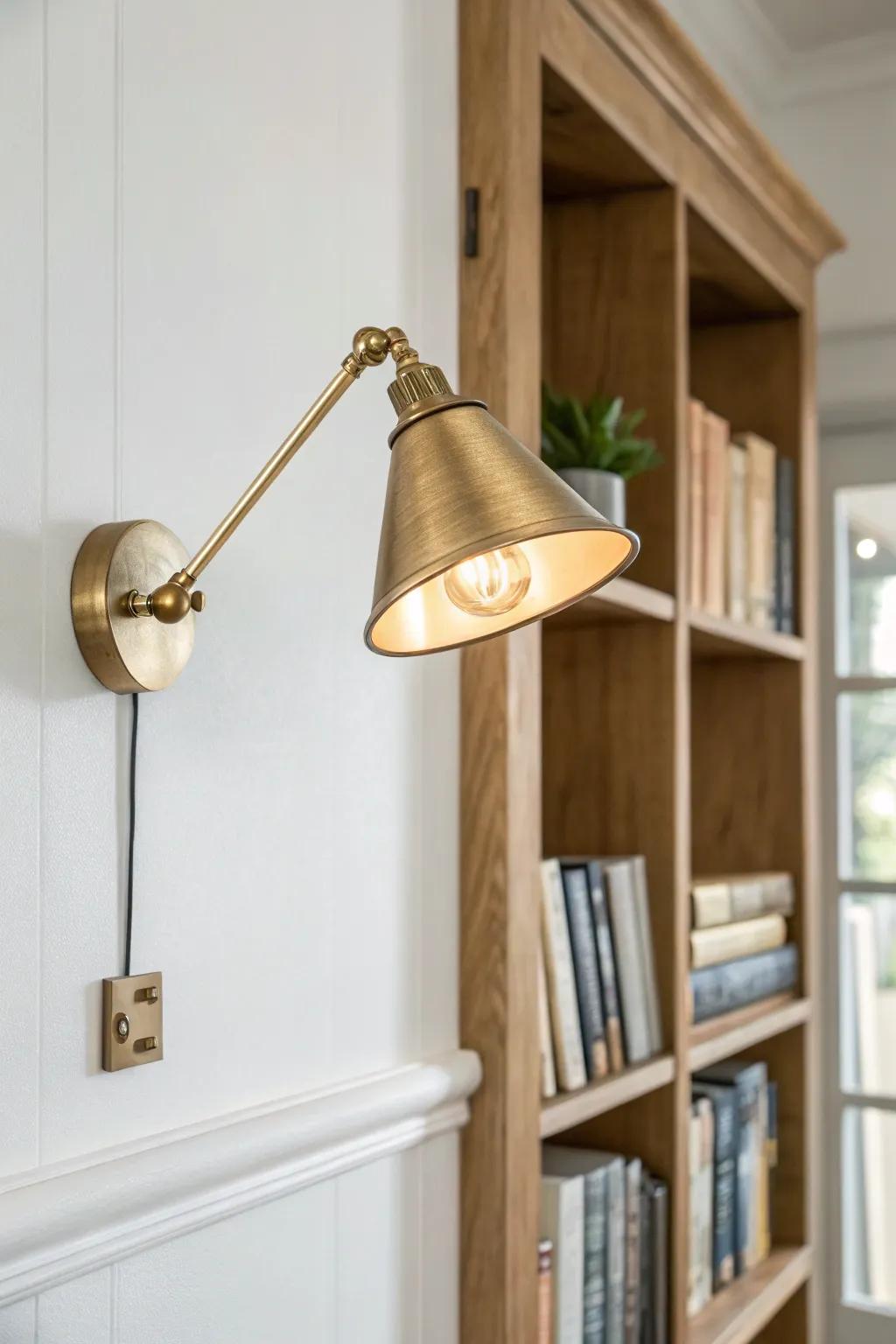 A chic adjustable brass sconce that washes warm light across book spines—perfect for cozy nooks.