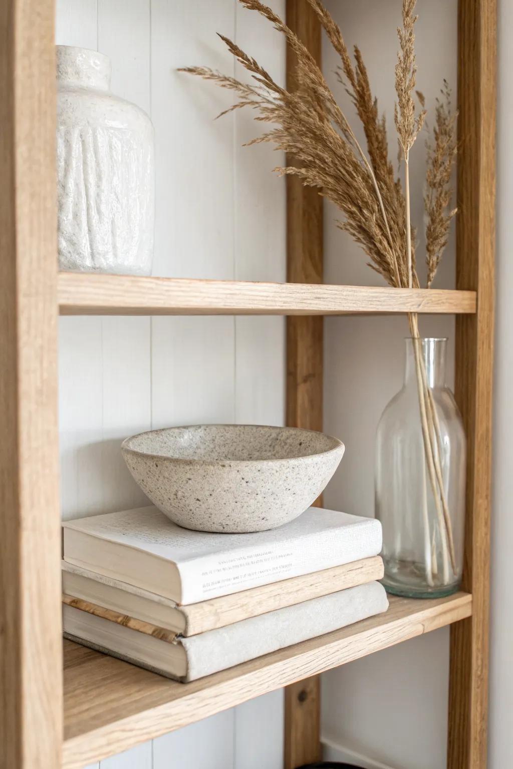 Style open shelves in threes: books, a handmade vessel, and one tall stem for instant balance.
