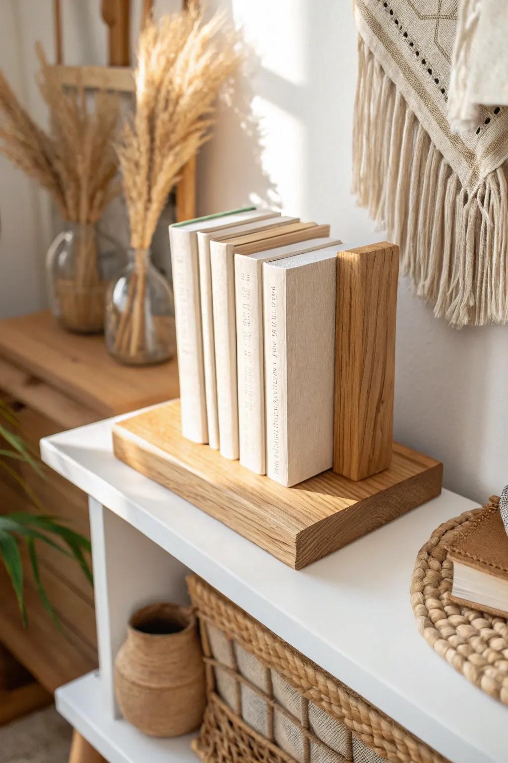 Use handcrafted bookends as shelf “walls” to create clean zones in small bookcases.