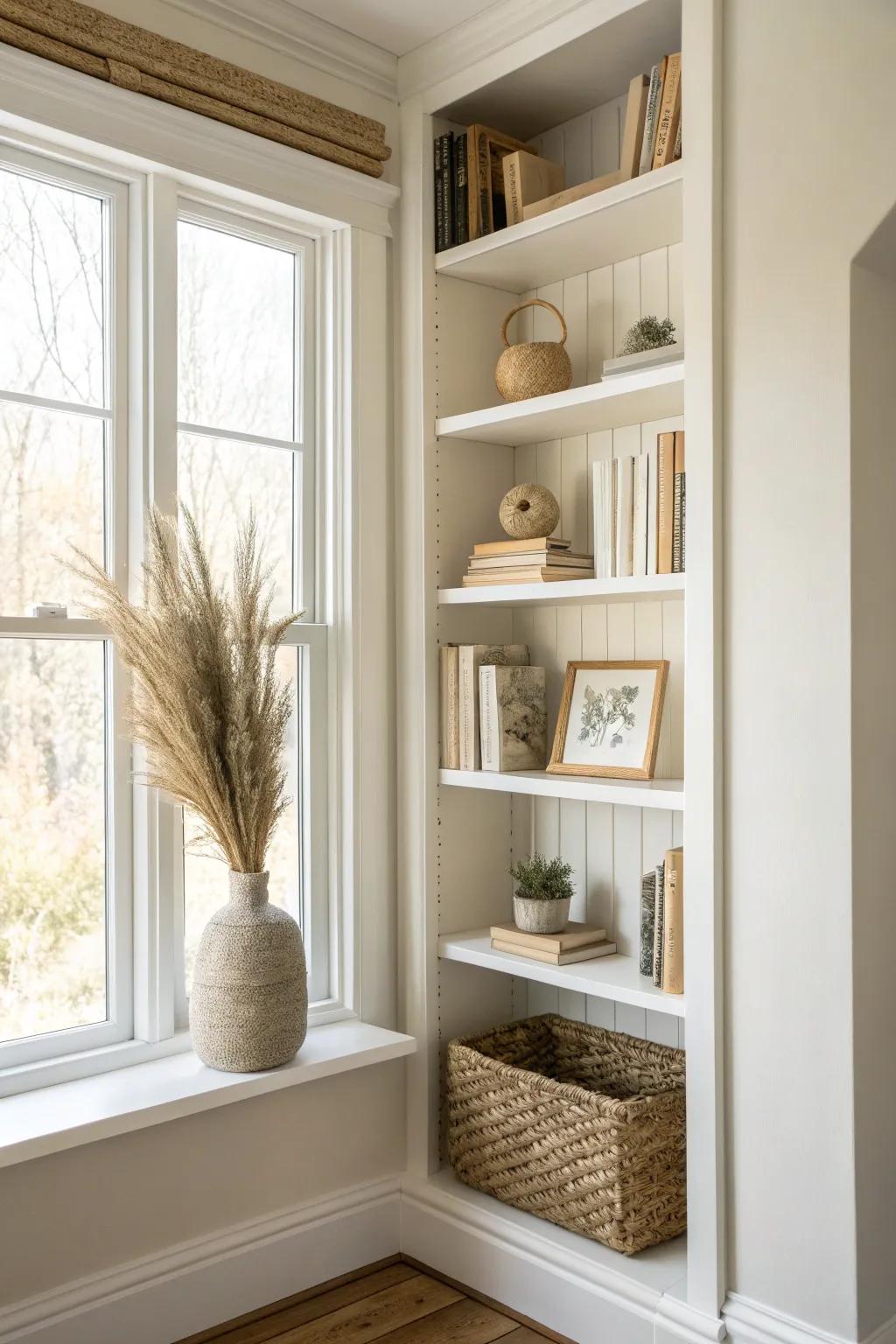 Wall-matched built-in shelves around a window for a calm, expensive-looking small-space upgrade.