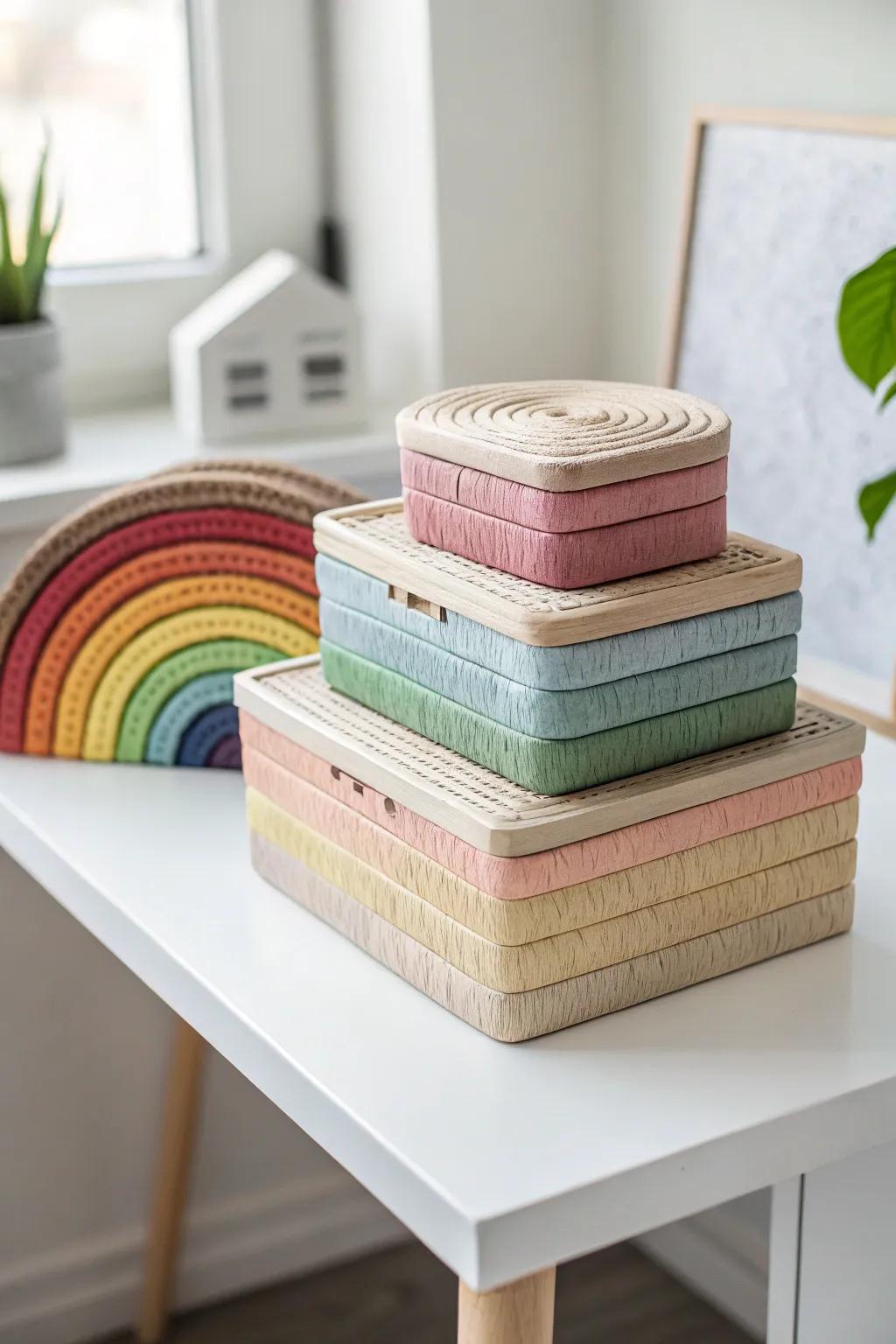 Add a splash of color and organization to your workspace with these charming rainbow stackable boxes.