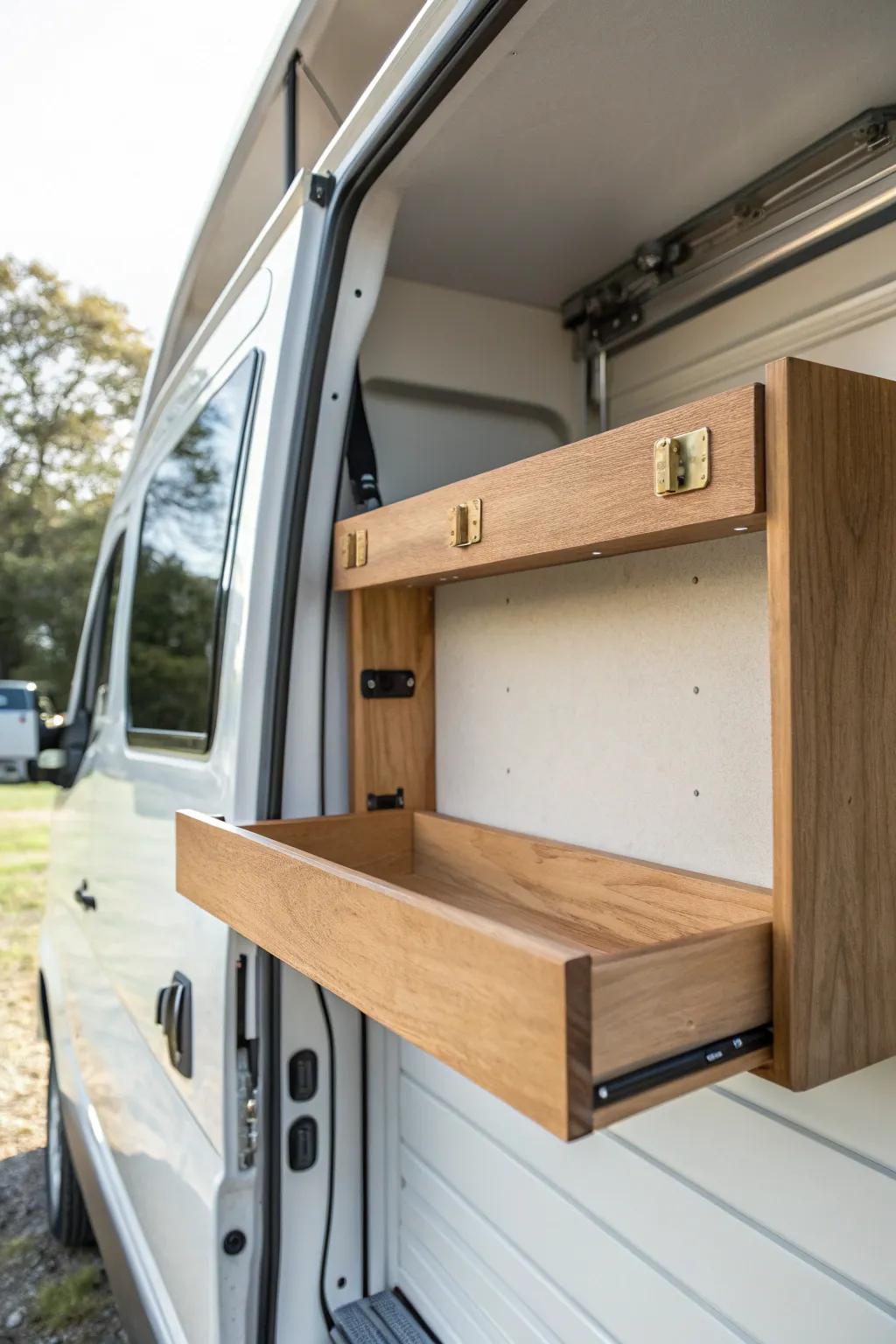 Fold-away wall shelf for box trucks: stow gear neatly, then fold flat for big hauls.