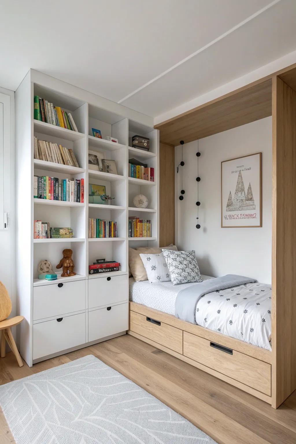 Built-in shelving around the bed keeps a small boys’ room tidy and full of personality.