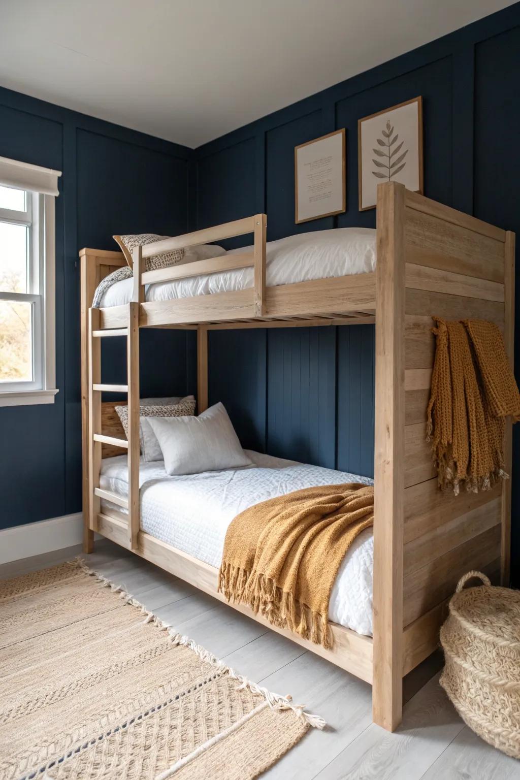 Deep navy accent wall + light oak bunks: a cozy, intentional look for small boys’ rooms.