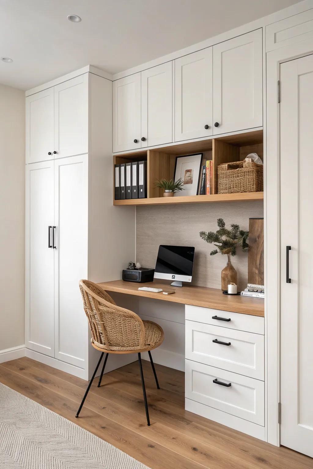 Built-in desk with cabinet surround—hidden printer + paper storage in a calm Scandinavian nook.