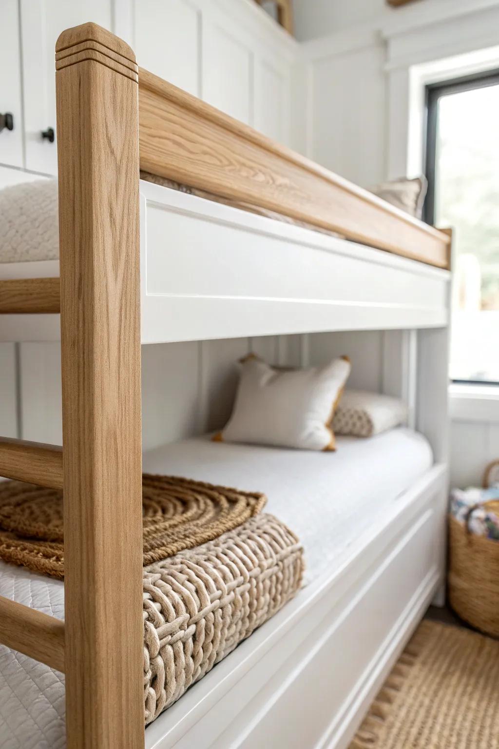 Safety rails that read like beautiful trim—built-in, polished, and perfect for small closet bunks.