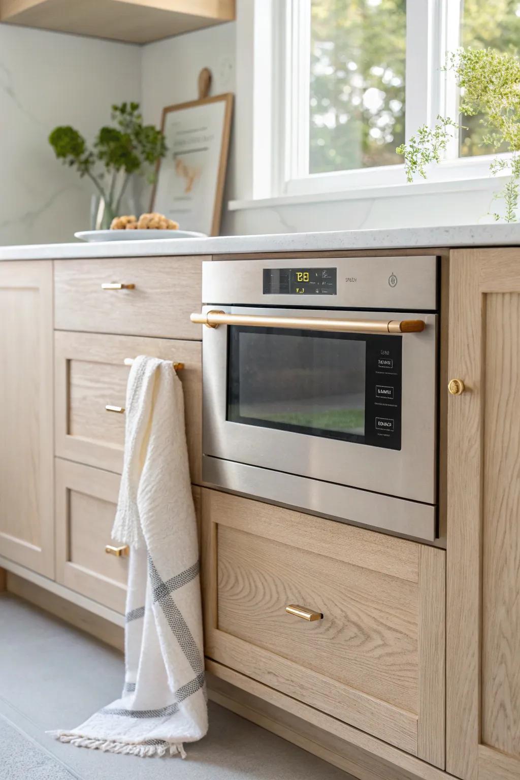 A built-in microwave drawer in a base cabinet—perfectly placed beside the prep zone.