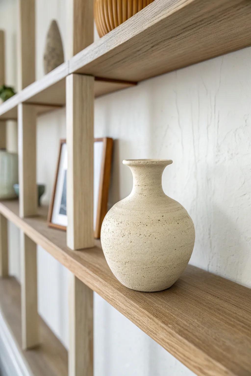 Zig-zag your shelf styling: alternate visual weight up the built-ins for instant balance.