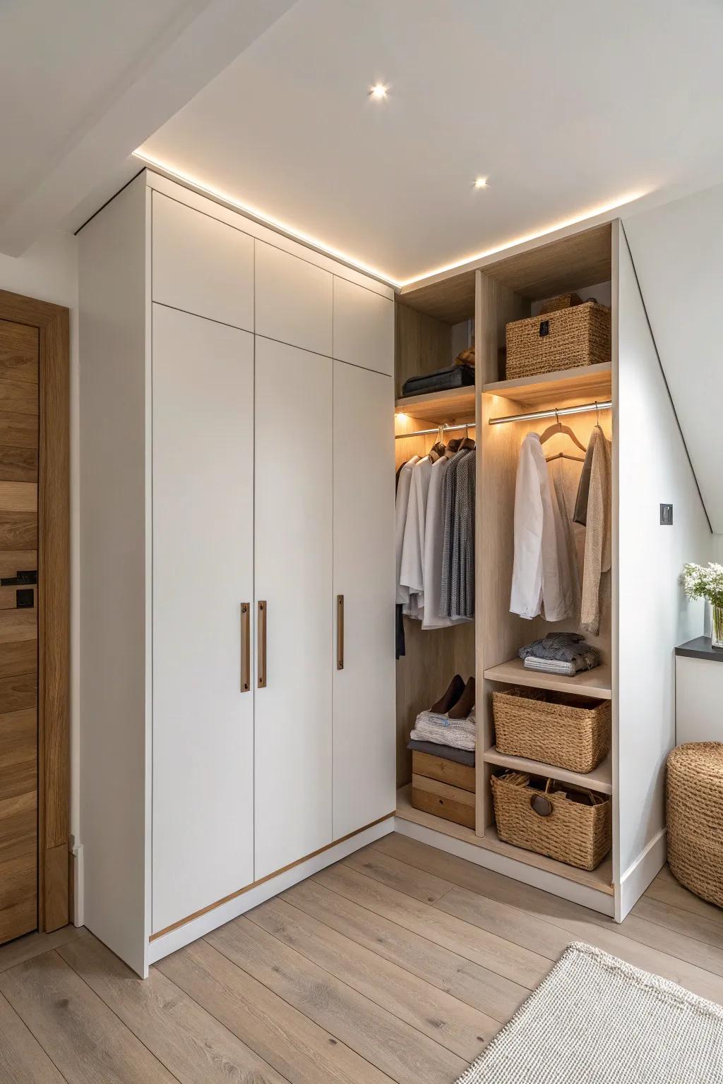 Corner-wrap built-ins turn awkward corners into sleek, spacious wardrobe storage.