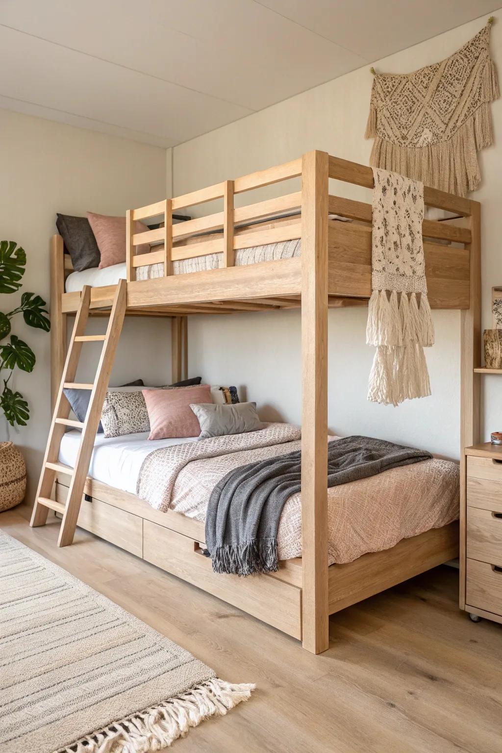 Pale-oak full-over-full bunks: sleepover-ready comfort that saves floor space as kids grow.