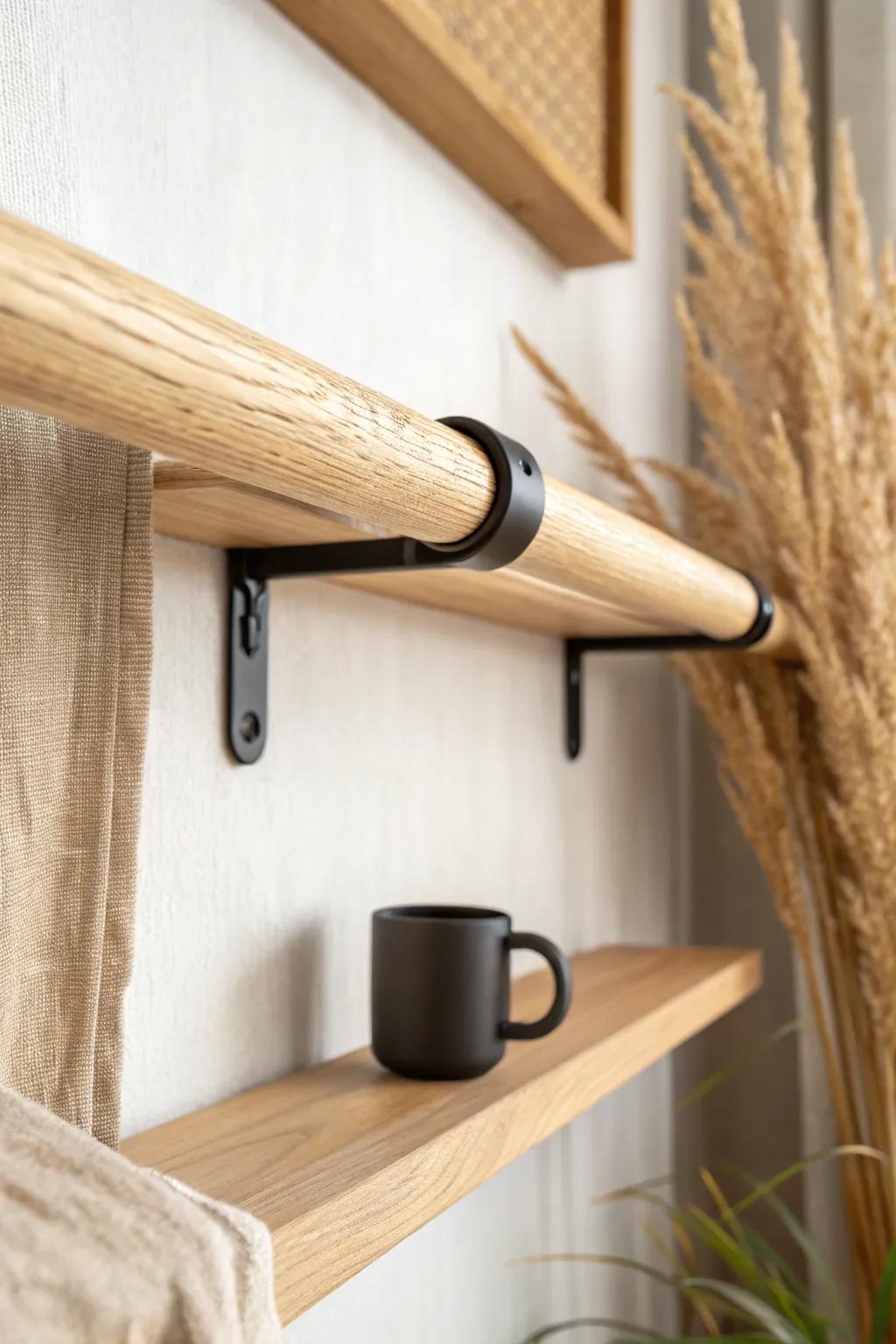A simple dowel rod under a shelf turns one C-clamp into chic, space-saving storage.