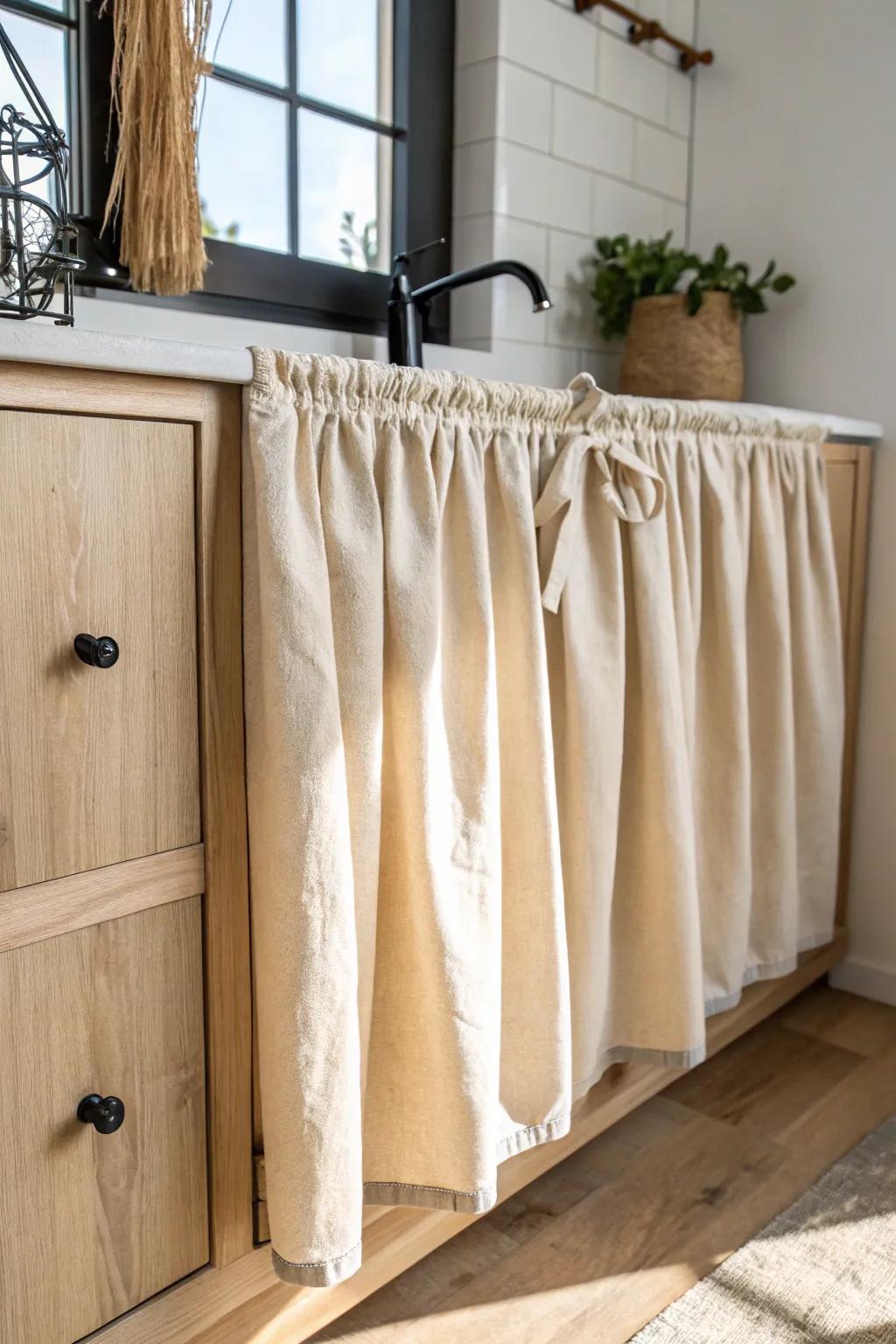 Durable drop-cloth cabinet curtains: budget-friendly, sink-ready, and beautifully minimal.
