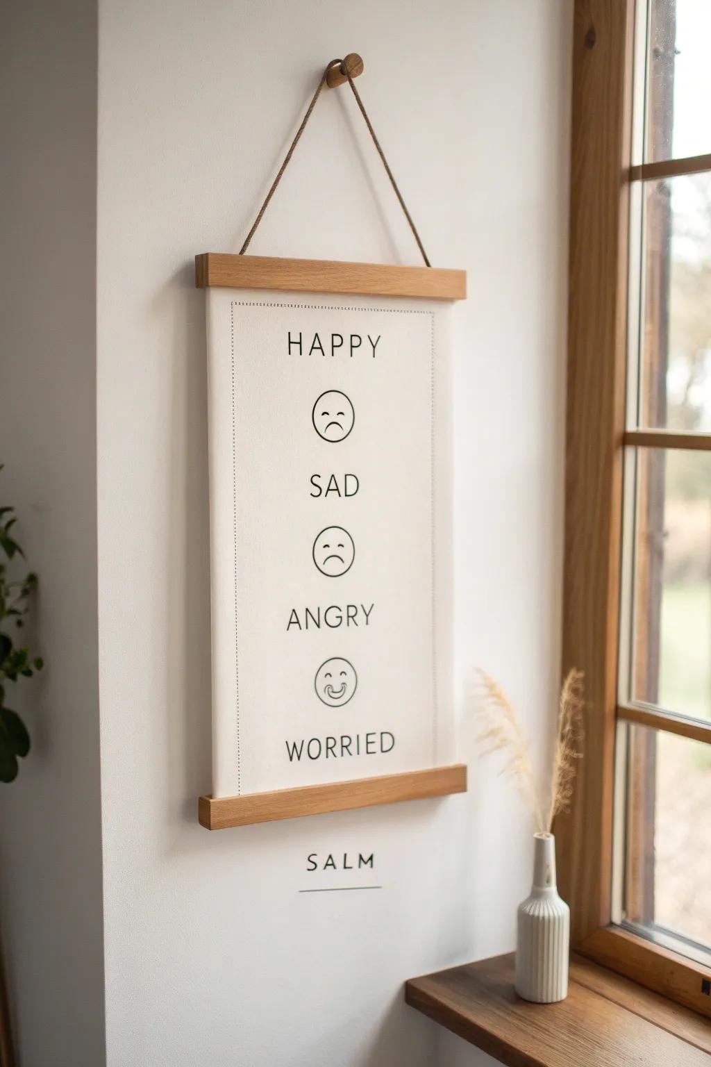 Eye-level feelings chart in a pale oak frame—minimal, boho-warm, and perfect for a calming corner.