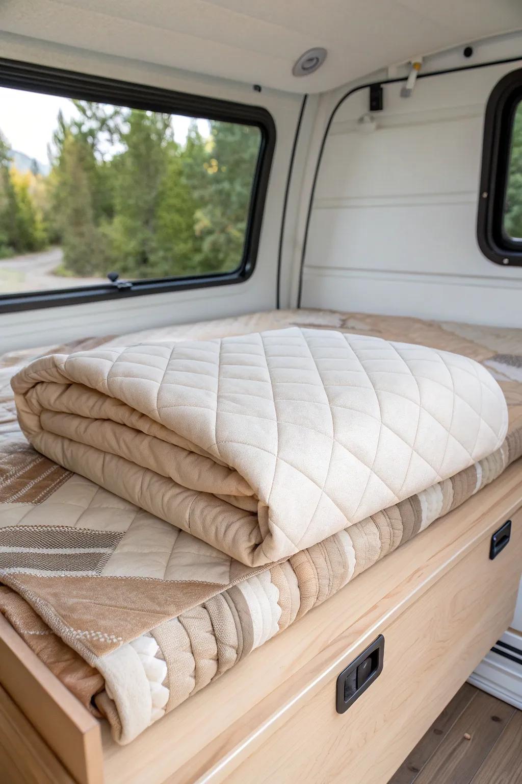 Flip your camper vibe in seconds—one reversible quilt, two serene looks, no extra storage.