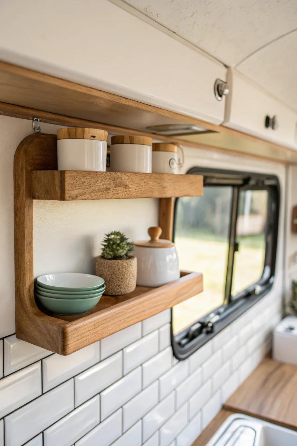 Open shelving keeps camper kitchens light—one simple oak shelf feels airy and intentional.