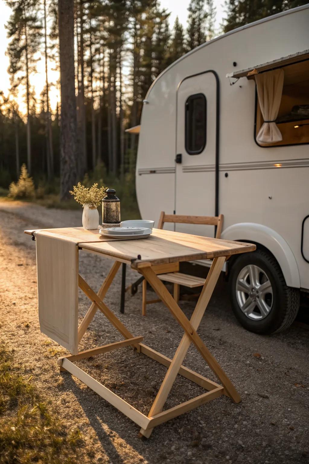 Keep your camper fresh—cook outside on a sleek folding prep table made for tiny campsites.