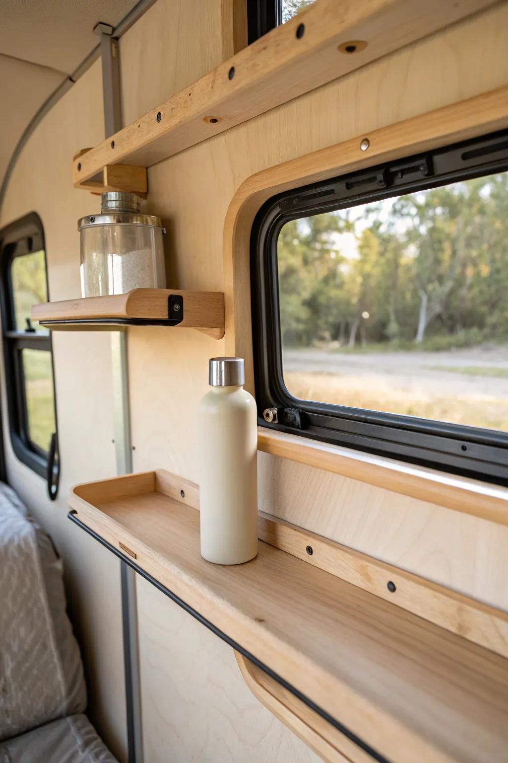 Ultra-shallow side rail shelf: micro-storage without elbow bumps—clean, cozy, and camper-ready.
