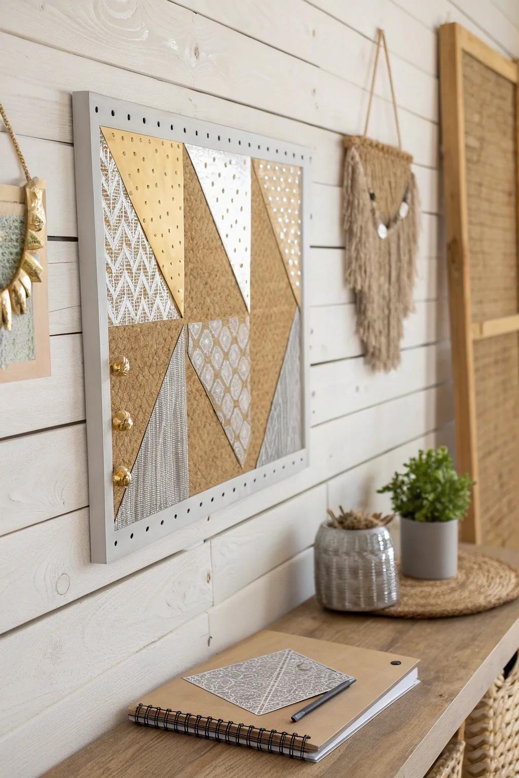 Elevate your space with chic metallic accents on a minimalist cork board. Perfect for a touch of glam in any boho-inspired decor!