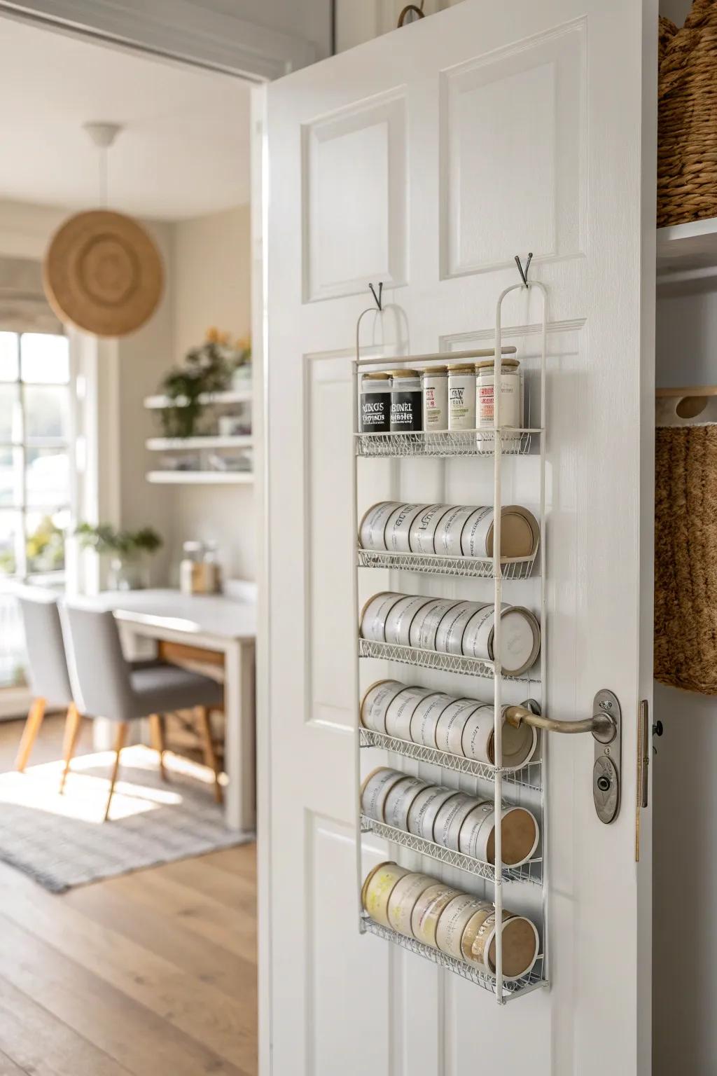 Turn your pantry door into hidden storage—sleek can racks free up precious shelf space.