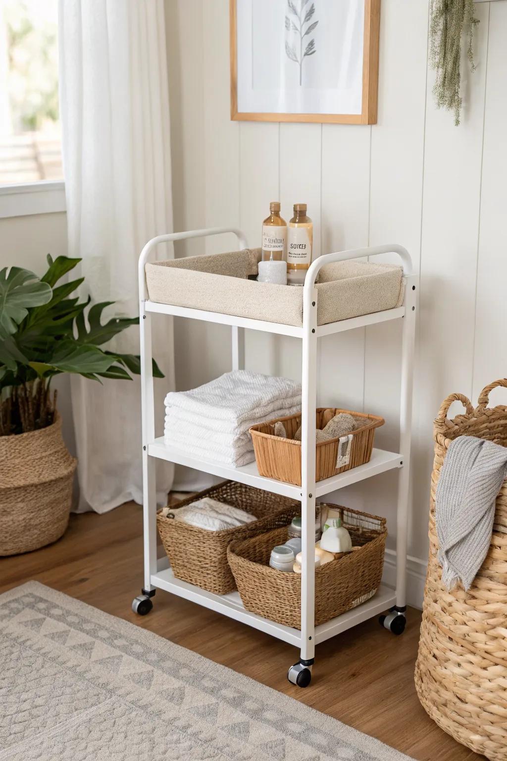 A slim rolling cart changing station—move it to the best light and keep every tier organized.