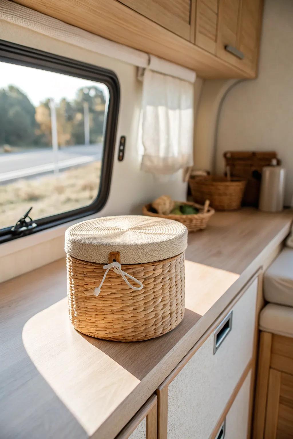 Tiny van living hack: one beautiful lidded bin keeps every category organized and calm.