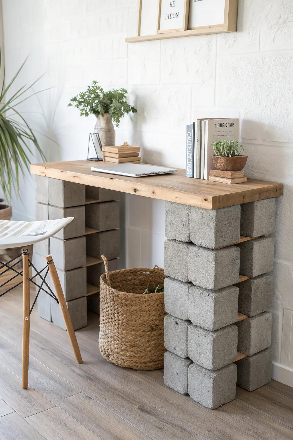 DIY cinder block desk: sturdy, modular style for a tiny work-from-home corner in small spaces.
