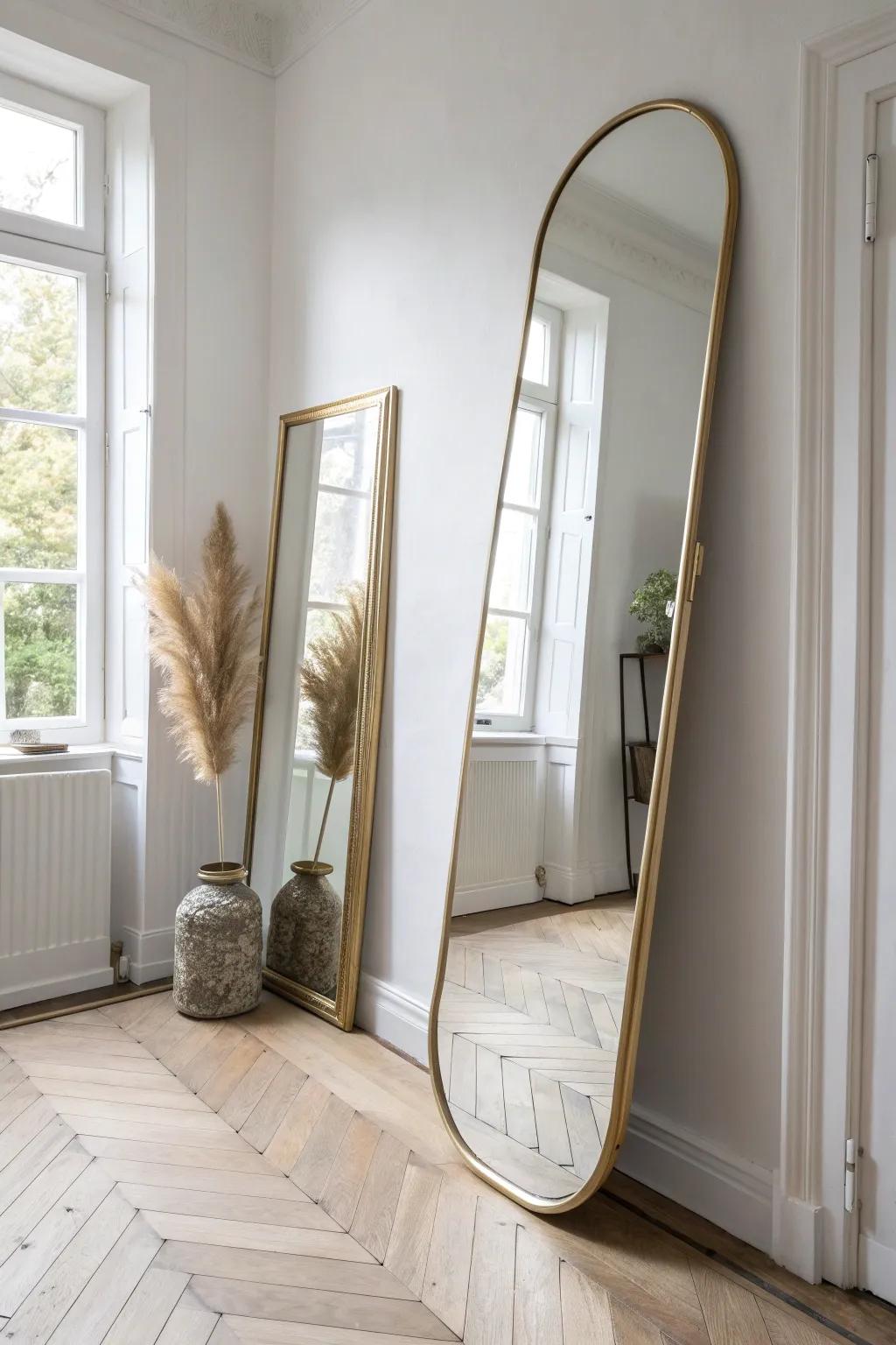 Hang a tall oversized mirror to bounce light and make a small cloakroom feel taller.