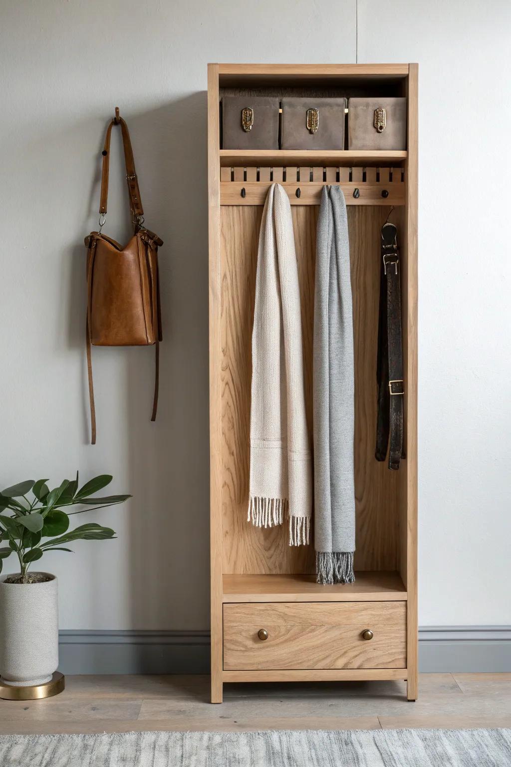 Slim side-panel insert with brass hooks keeps belts and scarves flat, visible, and tangle-free.