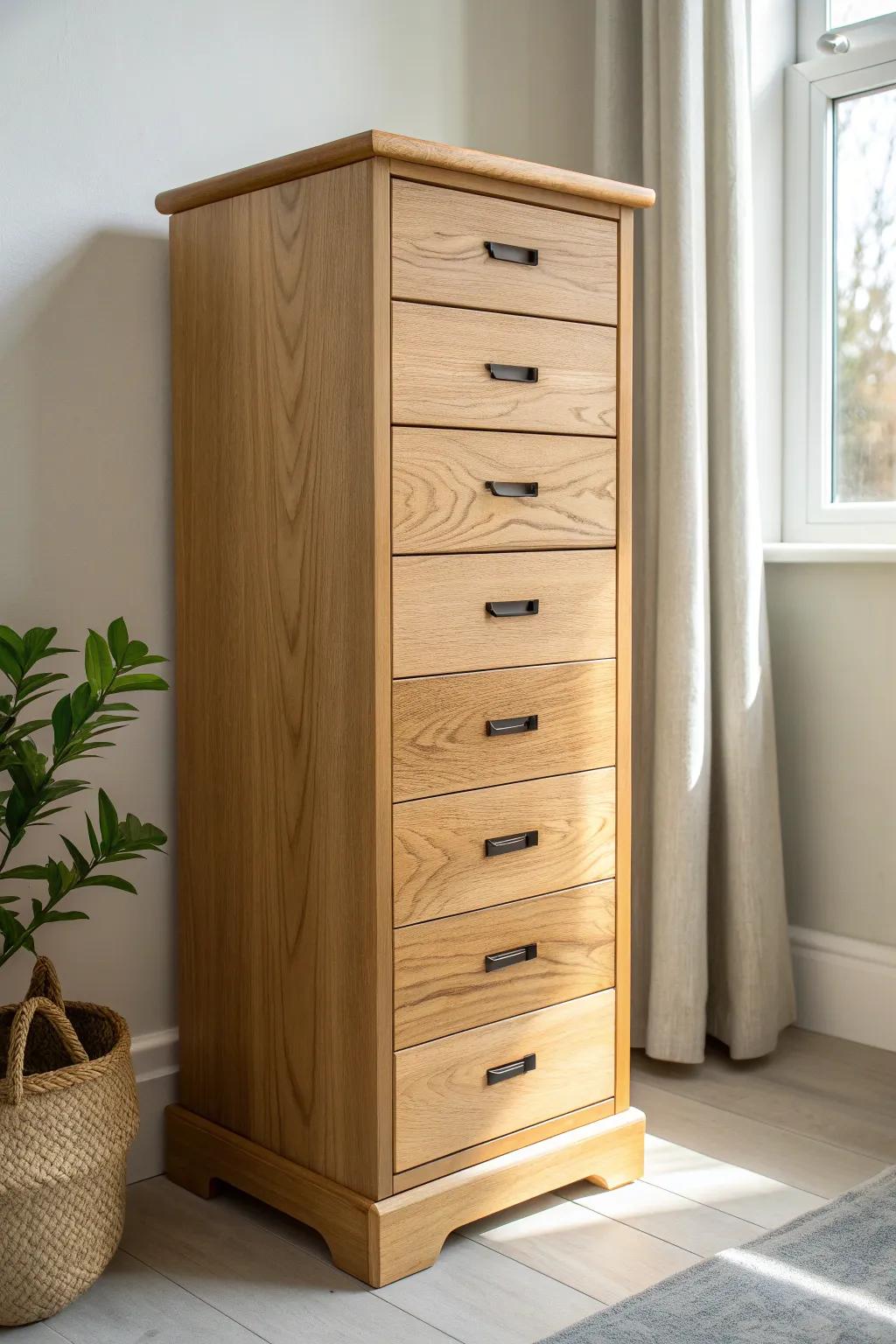 A slim oak drawer tower keeps the closet corner clear while hiding socks, gear, and accessories.