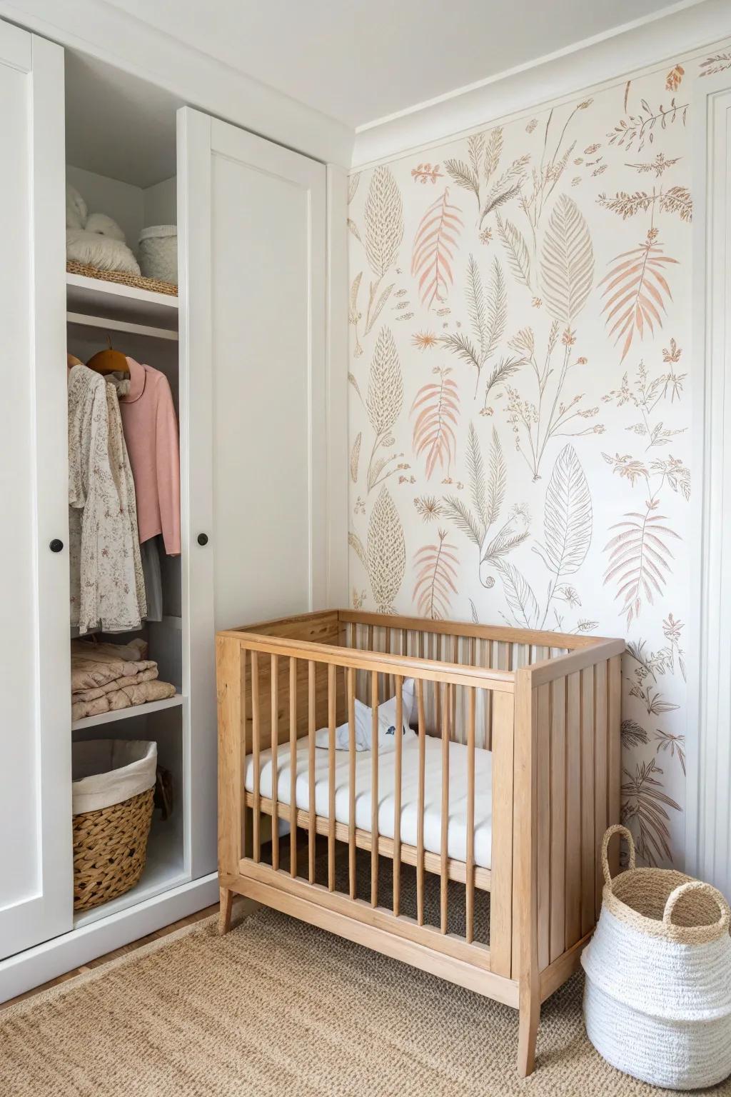 Wallpaper the closet’s back wall to turn a nursery nook into a dreamy, intentional moment.