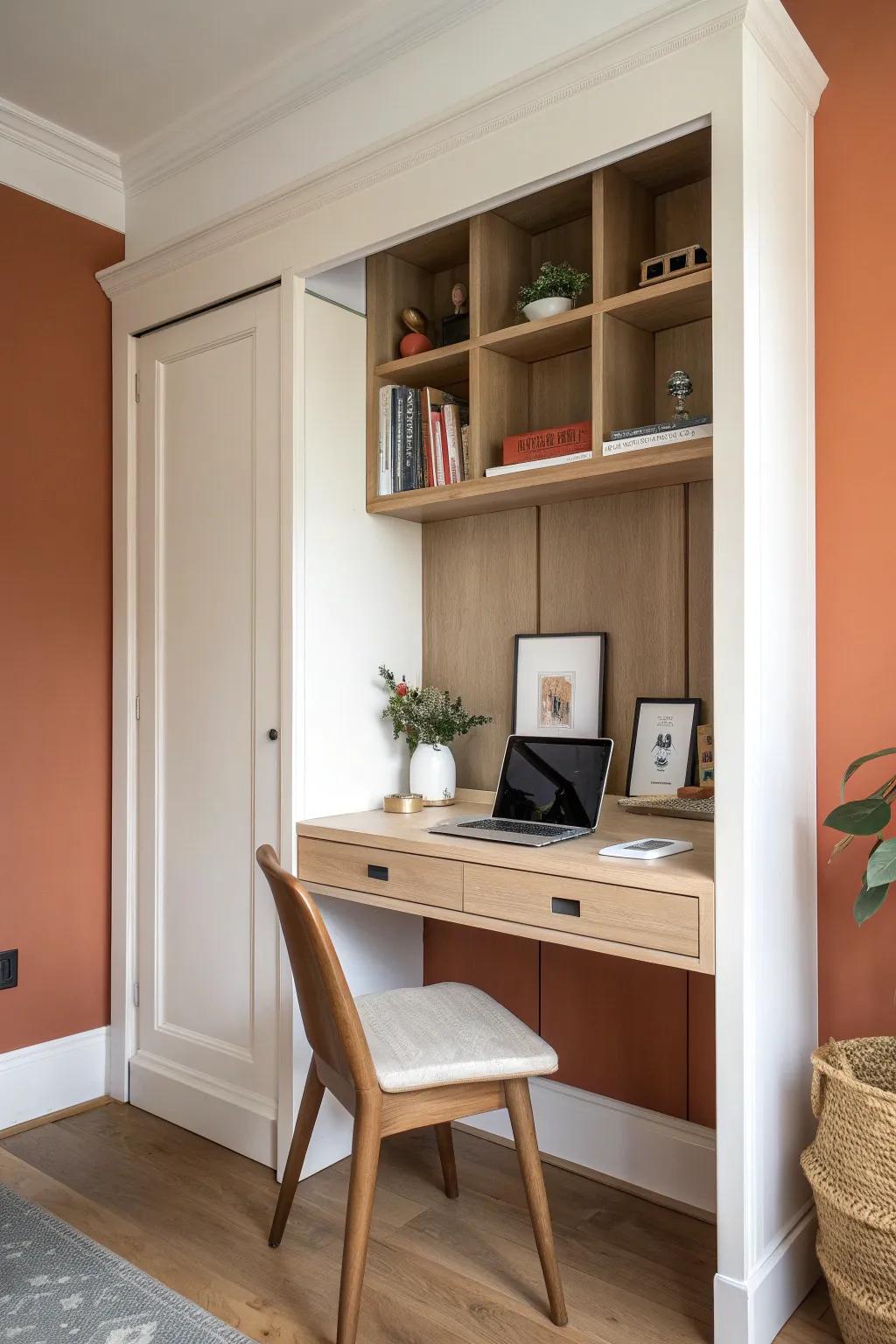 Accent-painted back wall makes a tiny closet office feel deeper—simple, calm, intentional.