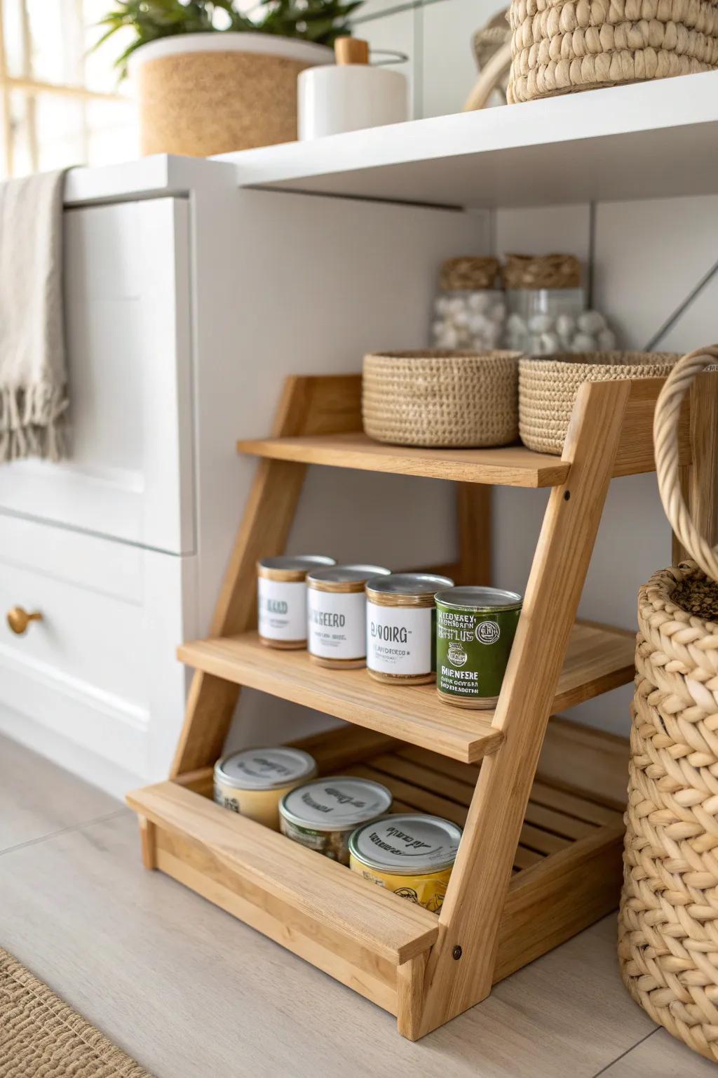 Stadium-style can riser: every label visible, zero wasted space in a tiny closet pantry.
