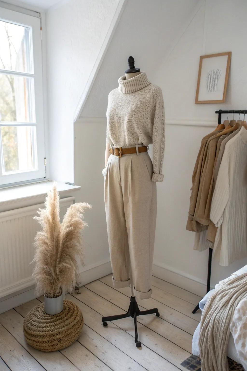 A simple dress form turns tomorrow’s outfit into décor—no chair pile, always a complete look.