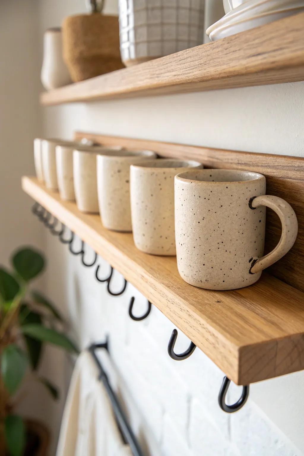 Free up cabinet space with mug hooks—one simple shelf makes your coffee bar feel curated.