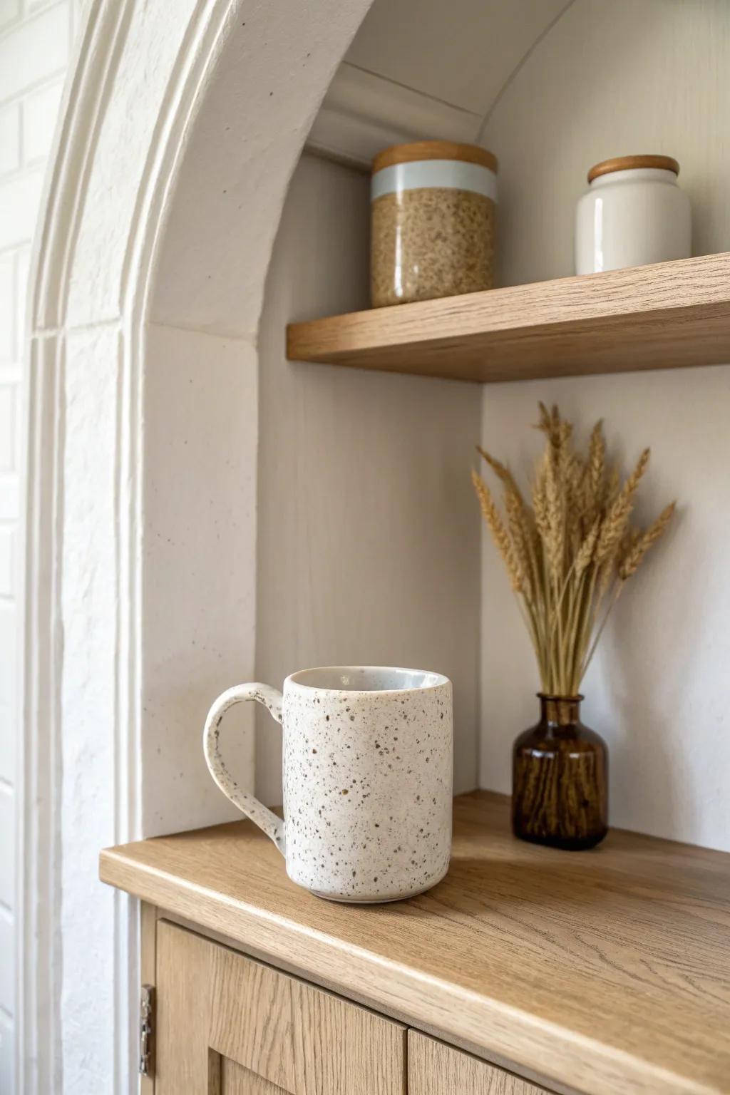 A calm pantry nook coffee corner—pretty mug on display, supplies hidden for instant calm.