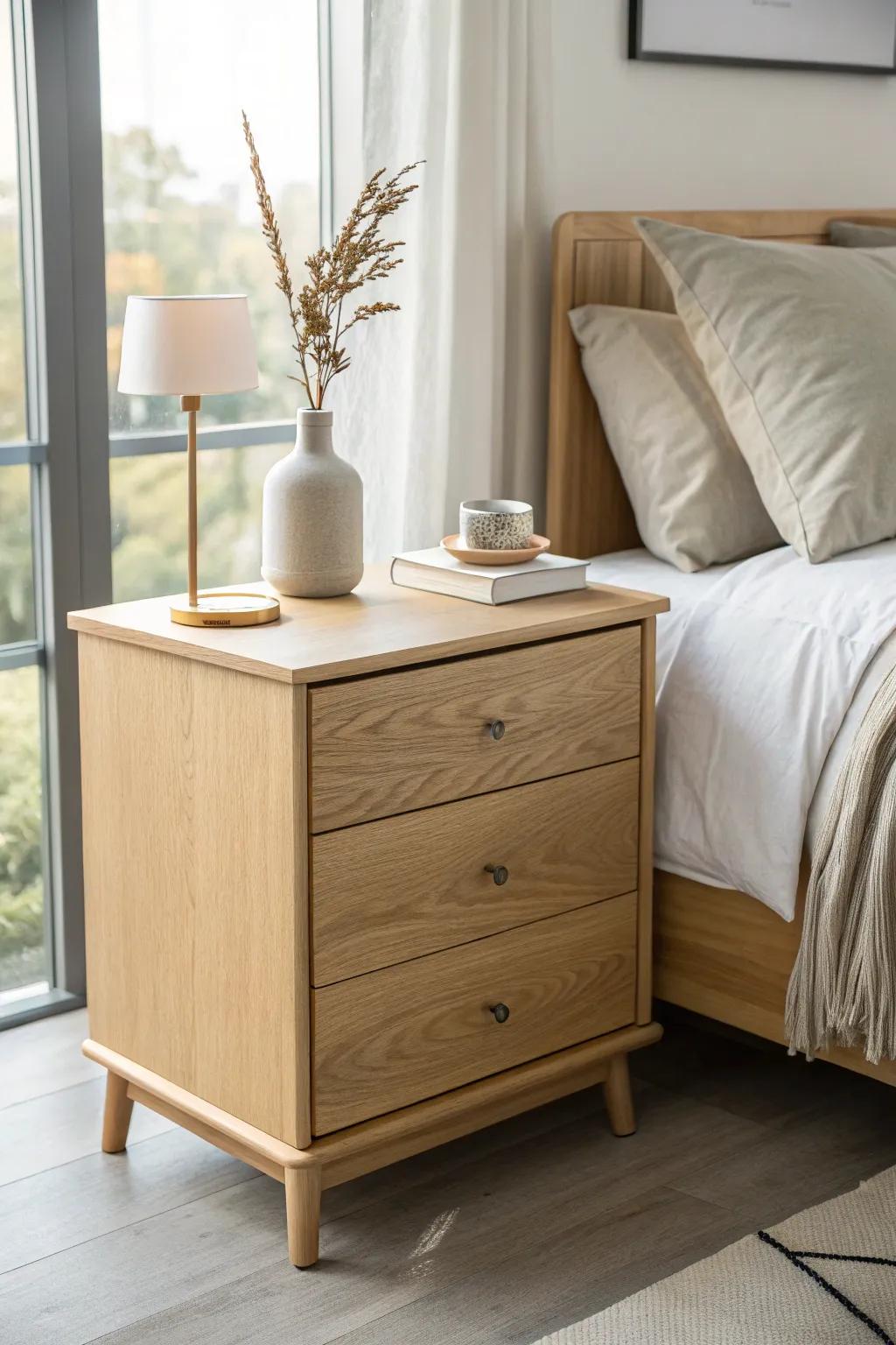 A small oak dresser doubles as a nightstand—extra storage for chargers, skincare, and clutter.