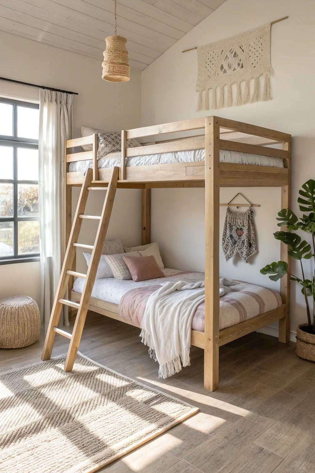 A high loft bed creates true standing room—airy, bright space for a desk or lounge below.