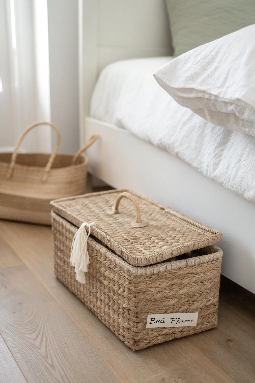 Max out dorm space with a woven under-bed bin—pretty, labeled storage that hides clutter fast.
