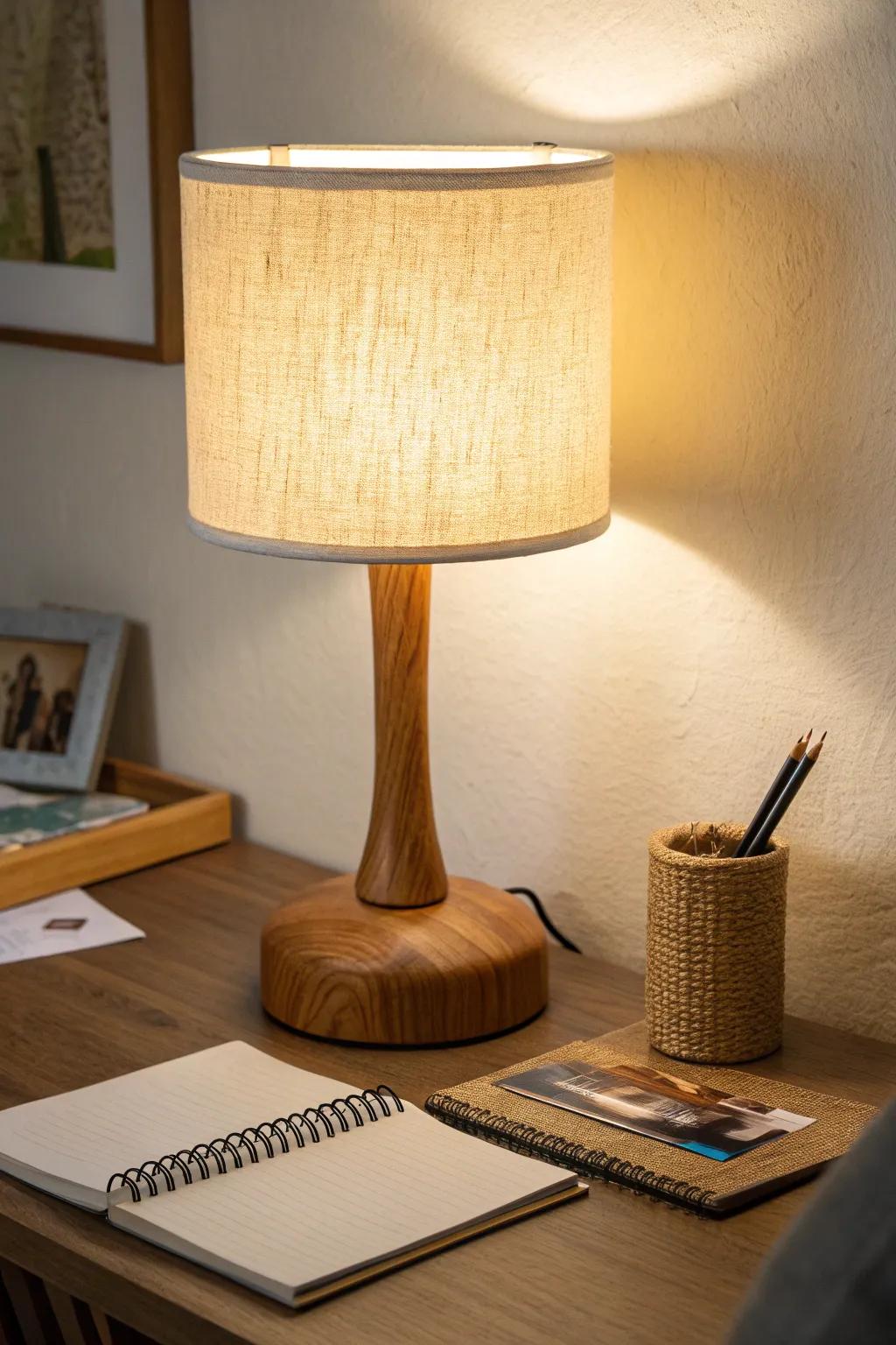 Skip the harsh dorm overhead light—one warm desk lamp makes the whole room feel cozy.