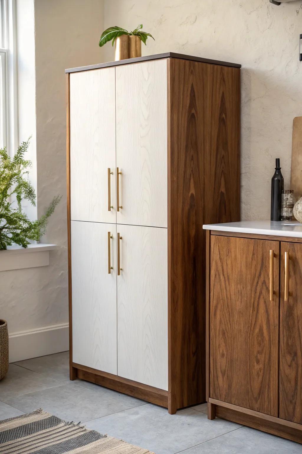 Two-tone cabinet fronts: airy white above, rich walnut below—light look, scuff-friendly.