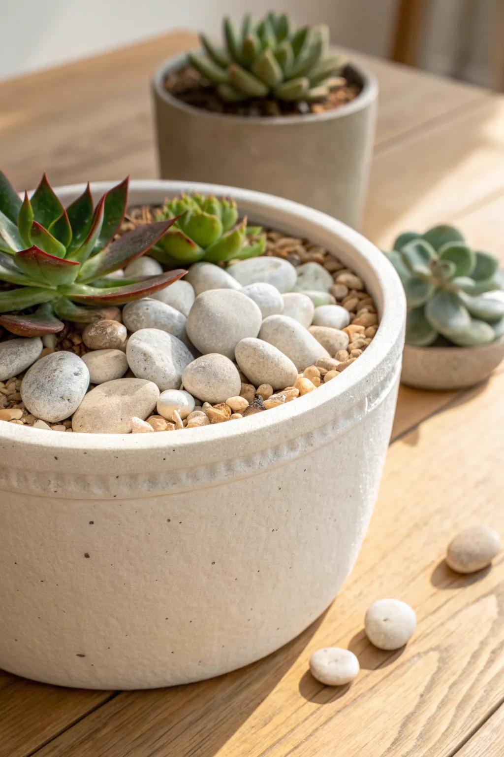 A neat river-pebble border frames your container rock garden and keeps the rim clean.