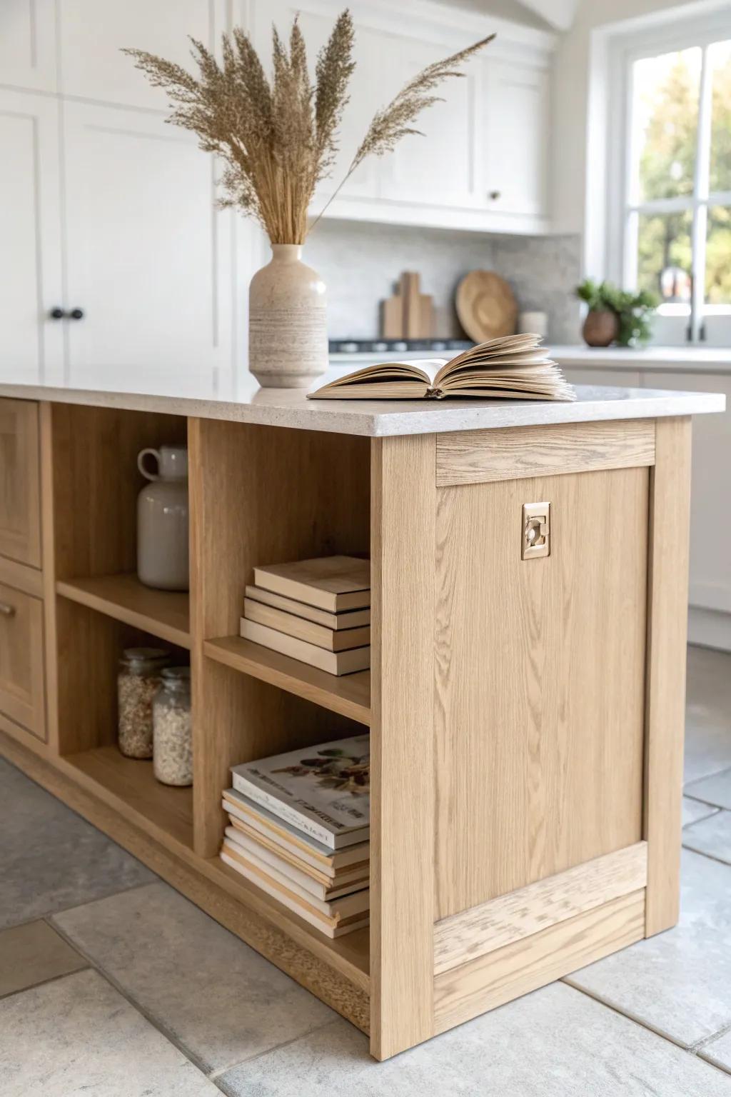 Island endcap cookbook cubbies: grab-and-go storage that saves precious counter space.