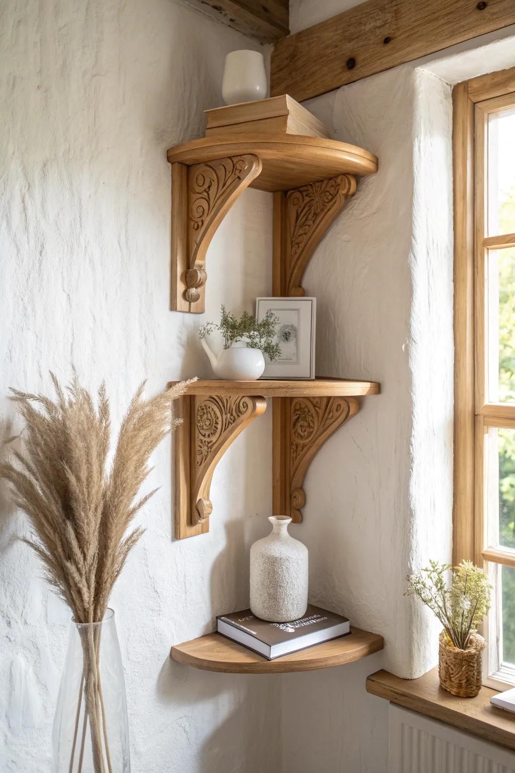 Turn an awkward corner into a built-in look with stacked corbel shelves—small space magic.
