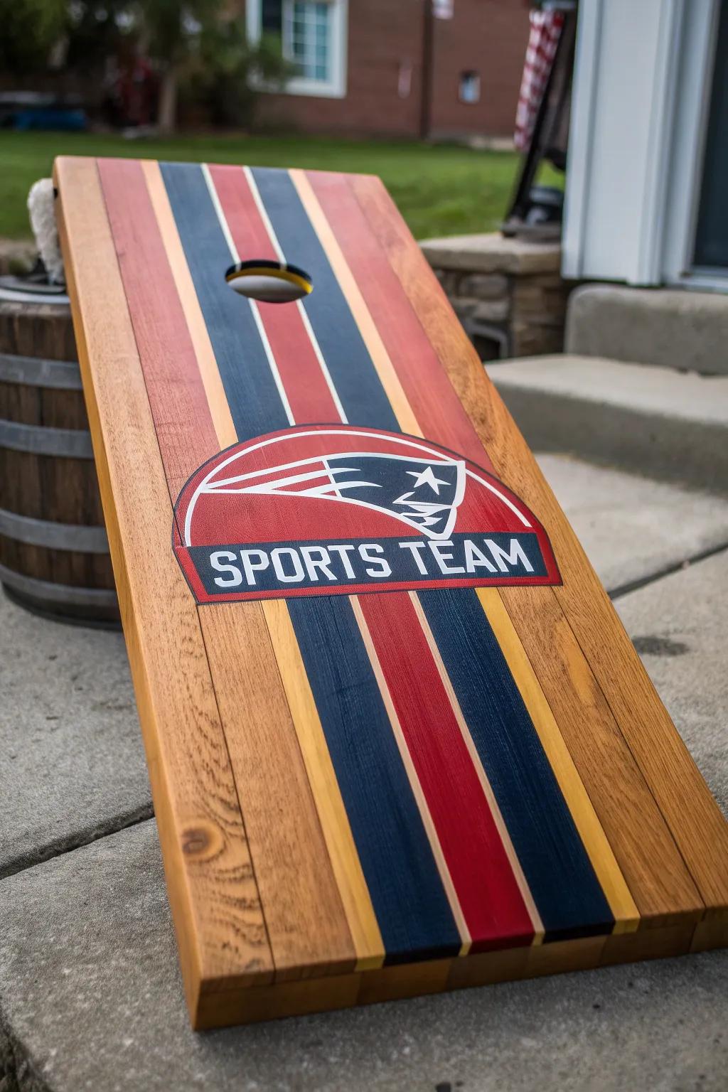 Show your team spirit with this expertly crafted sports-themed cornhole board, perfect for game day tailgates!